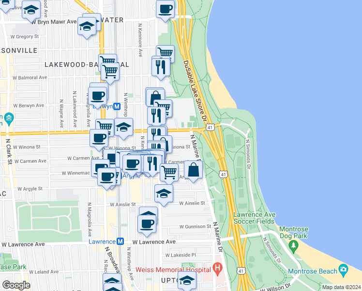 map of restaurants, bars, coffee shops, grocery stores, and more near in Chicago