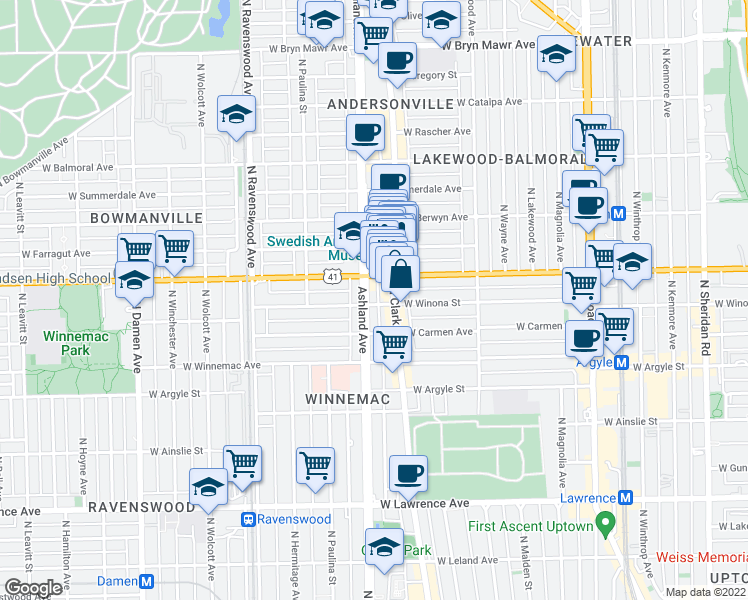 map of restaurants, bars, coffee shops, grocery stores, and more near in Chicago
