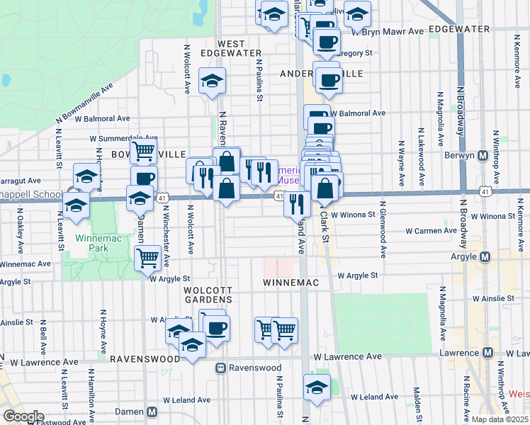 map of restaurants, bars, coffee shops, grocery stores, and more near in Chicago