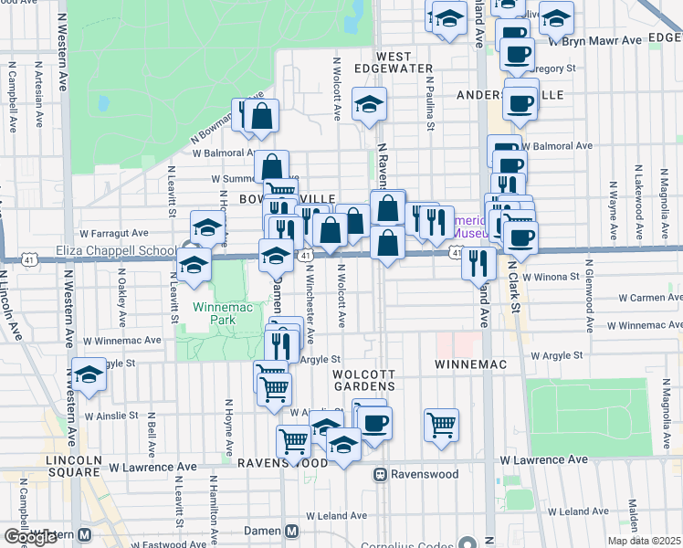 map of restaurants, bars, coffee shops, grocery stores, and more near in Chicago