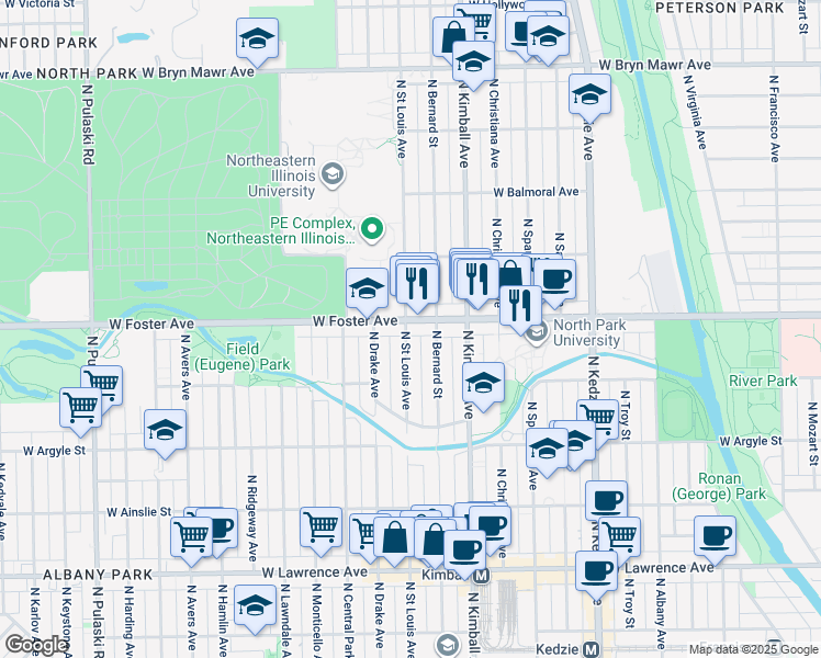map of restaurants, bars, coffee shops, grocery stores, and more near 3446 West Foster Avenue in Chicago