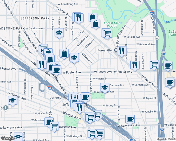 map of restaurants, bars, coffee shops, grocery stores, and more near 5201 North Lind Avenue in Chicago