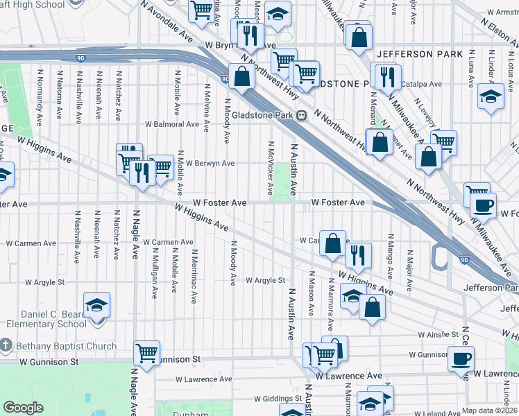map of restaurants, bars, coffee shops, grocery stores, and more near 5208 North McVicker Avenue in Chicago