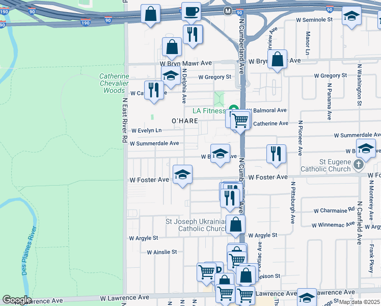 map of restaurants, bars, coffee shops, grocery stores, and more near 8601 West Summerdale Avenue in Chicago