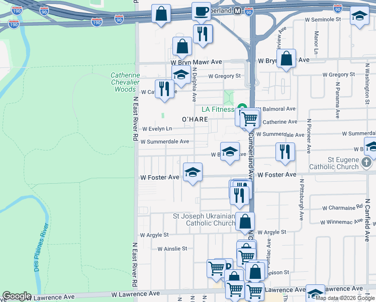 map of restaurants, bars, coffee shops, grocery stores, and more near 8601 West Summerdale Avenue in Chicago