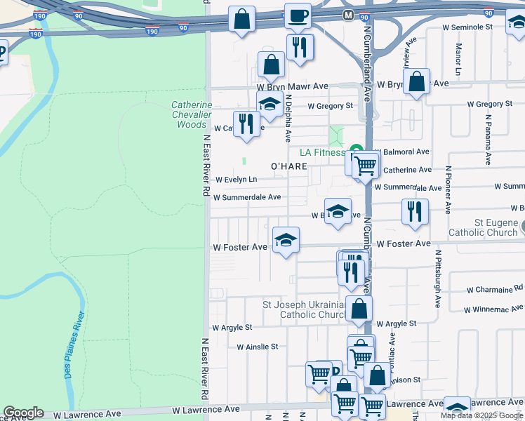 map of restaurants, bars, coffee shops, grocery stores, and more near 8631 West Summerdale Avenue in Chicago