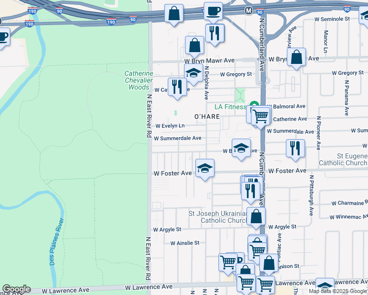 map of restaurants, bars, coffee shops, grocery stores, and more near 8631 West Summerdale Avenue in Chicago