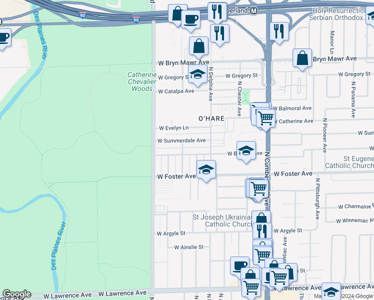 map of restaurants, bars, coffee shops, grocery stores, and more near 8631 West Summerdale Avenue in Chicago