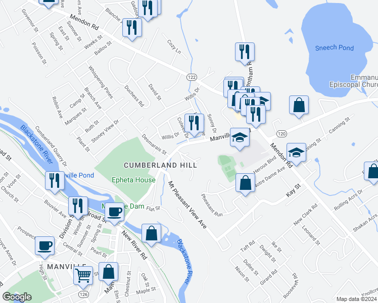 map of restaurants, bars, coffee shops, grocery stores, and more near 109 Manville Hill Road in Cumberland