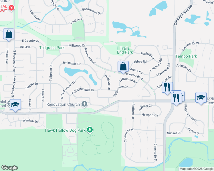 map of restaurants, bars, coffee shops, grocery stores, and more near 971 Trailside Lane in Bartlett