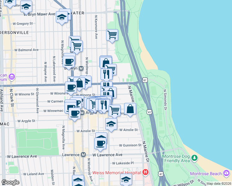 map of restaurants, bars, coffee shops, grocery stores, and more near 930 West Winona Street in Chicago