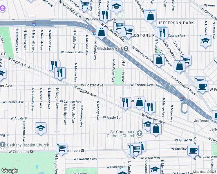 map of restaurants, bars, coffee shops, grocery stores, and more near 5208 North McVicker Avenue in Chicago