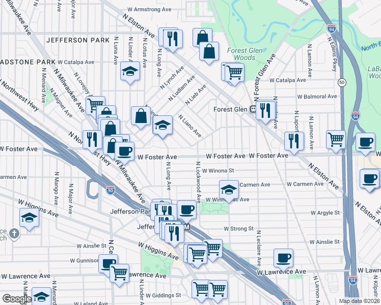 map of restaurants, bars, coffee shops, grocery stores, and more near 5201 North Lind Avenue in Chicago