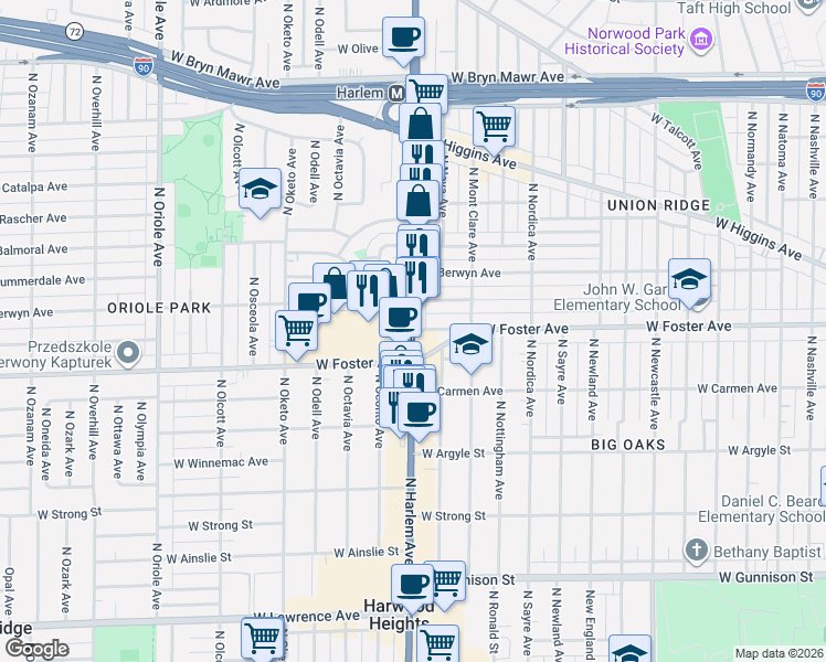 map of restaurants, bars, coffee shops, grocery stores, and more near N Harlem Ave & W Foster Ave in Chicago