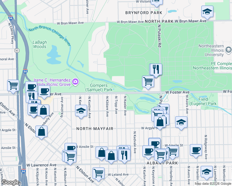 map of restaurants, bars, coffee shops, grocery stores, and more near West Foster Avenue & North Tripp Avenue in Chicago