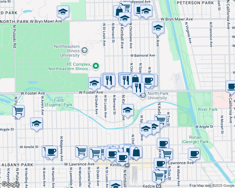 map of restaurants, bars, coffee shops, grocery stores, and more near 3401 West Foster Avenue in Chicago