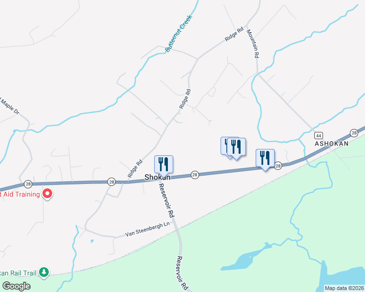 map of restaurants, bars, coffee shops, grocery stores, and more near 56 Ridge Road in Shokan