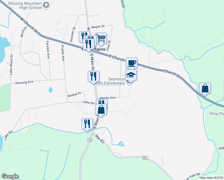 map of restaurants, bars, coffee shops, grocery stores, and more near 18 Smith Street in Pine Plains