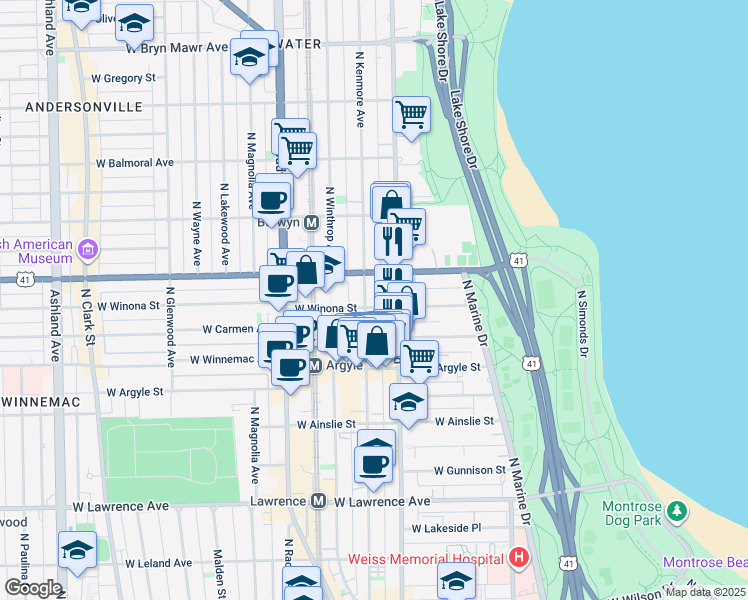 map of restaurants, bars, coffee shops, grocery stores, and more near in Chicago