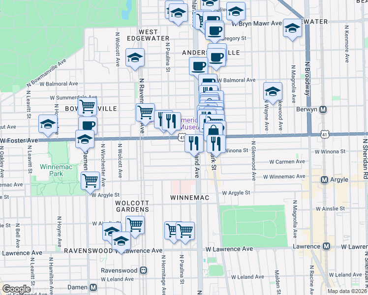 map of restaurants, bars, coffee shops, grocery stores, and more near 1619 West Foster Avenue in Chicago