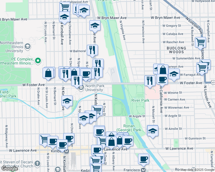 map of restaurants, bars, coffee shops, grocery stores, and more near 3112 West Foster Avenue in Chicago