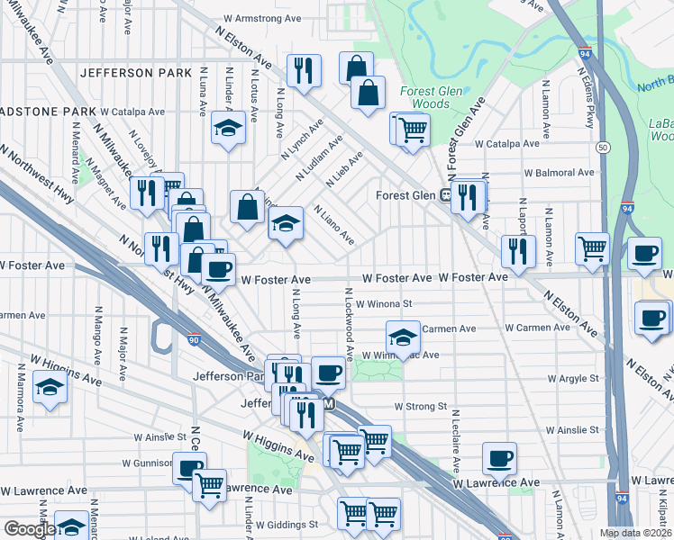 map of restaurants, bars, coffee shops, grocery stores, and more near 5201 North Lind Avenue in Chicago