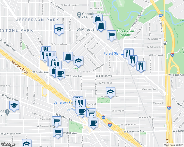 map of restaurants, bars, coffee shops, grocery stores, and more near 5201 North Lind Avenue in Chicago