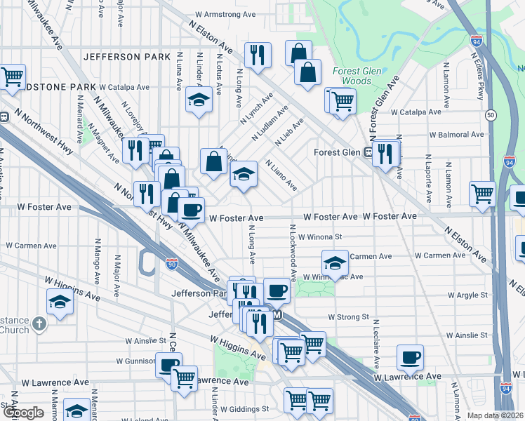 map of restaurants, bars, coffee shops, grocery stores, and more near 5222 North Lind Avenue in Chicago