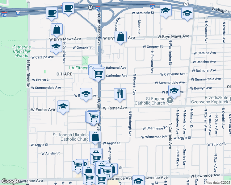 map of restaurants, bars, coffee shops, grocery stores, and more near 8300 West Berwyn Avenue in Chicago
