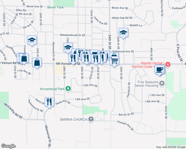 map of restaurants, bars, coffee shops, grocery stores, and more near 924 32nd Street Southeast in Cedar Rapids