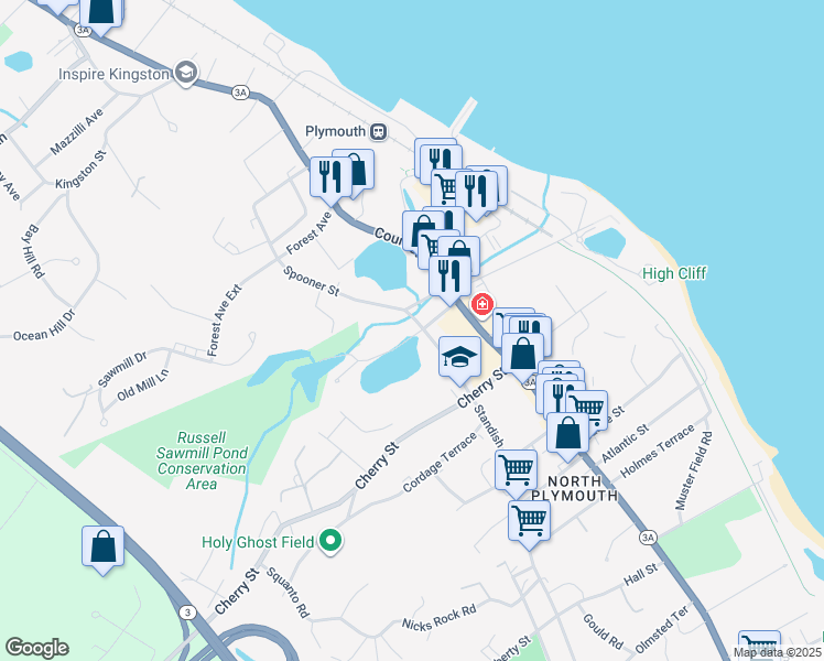 map of restaurants, bars, coffee shops, grocery stores, and more near 266 Standish Avenue in Plymouth