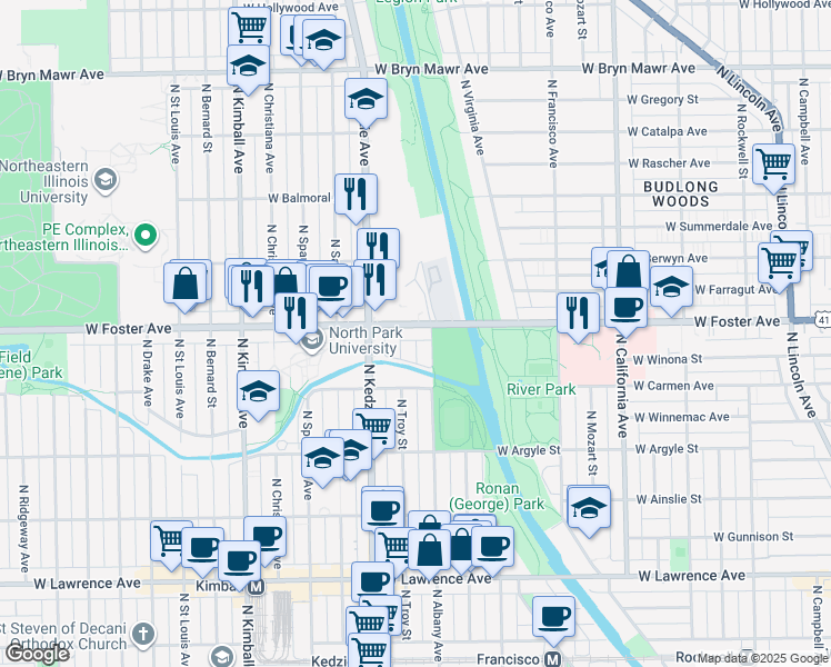 map of restaurants, bars, coffee shops, grocery stores, and more near 3112 West Foster Avenue in Chicago