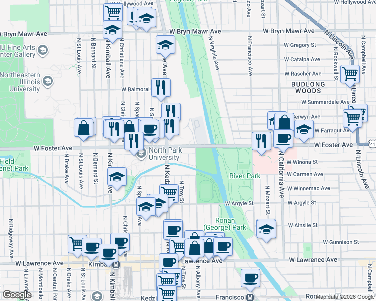 map of restaurants, bars, coffee shops, grocery stores, and more near 3115 West Foster Avenue in Chicago