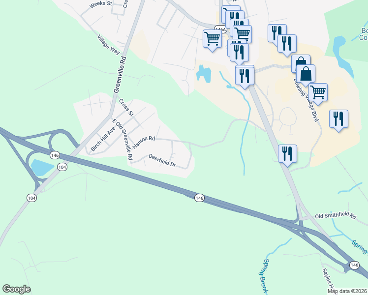 map of restaurants, bars, coffee shops, grocery stores, and more near 1 Pheasant Run Road in North Smithfield