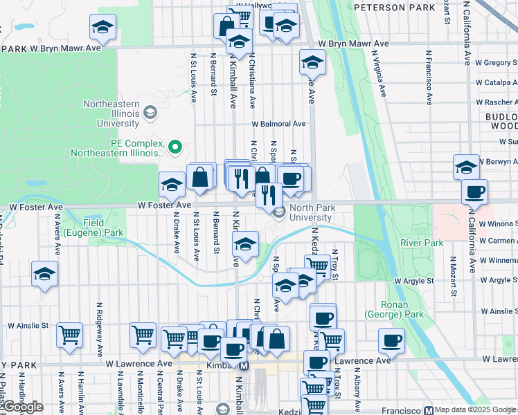 map of restaurants, bars, coffee shops, grocery stores, and more near 5151 North Christiana Avenue in Chicago
