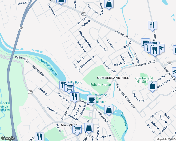 map of restaurants, bars, coffee shops, grocery stores, and more near 30 Morning Glory Road in Cumberland