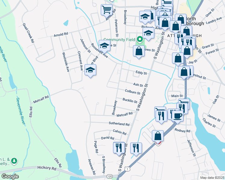 map of restaurants, bars, coffee shops, grocery stores, and more near 60 Broadway in North Attleborough