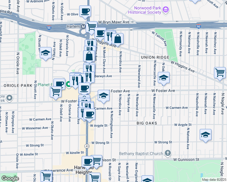 map of restaurants, bars, coffee shops, grocery stores, and more near 7 West Madison Street in Chicago