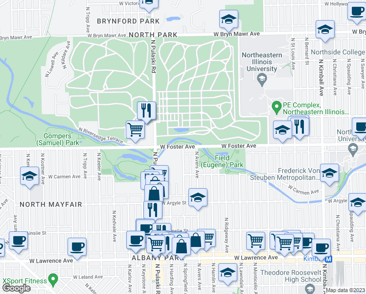 map of restaurants, bars, coffee shops, grocery stores, and more near West Foster Avenue & North Springfield Avenue in Chicago