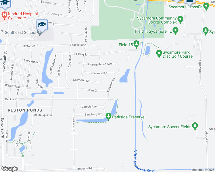 map of restaurants, bars, coffee shops, grocery stores, and more near 1161 Freedom Circle in Sycamore