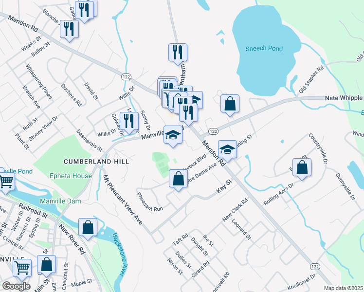 map of restaurants, bars, coffee shops, grocery stores, and more near 205 Manville Hill Road in Cumberland
