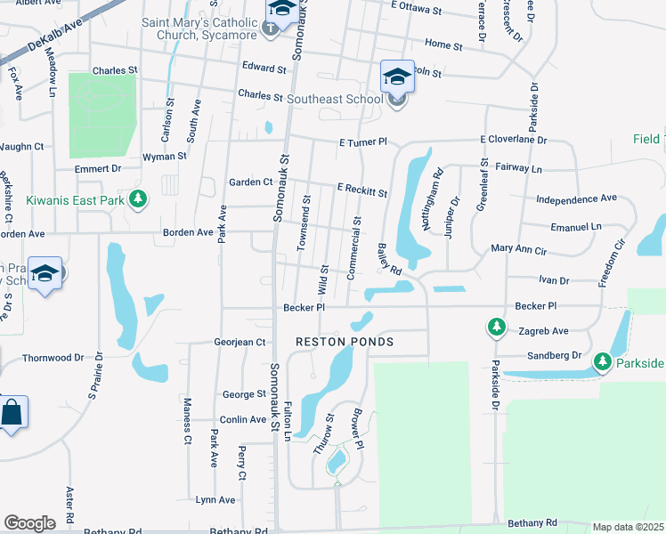 map of restaurants, bars, coffee shops, grocery stores, and more near 105 East Kerr Street in Sycamore