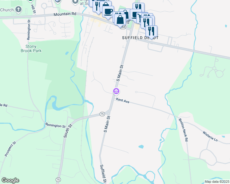 map of restaurants, bars, coffee shops, grocery stores, and more near South Main Street in Suffield