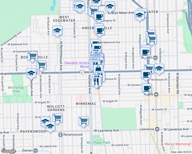 map of restaurants, bars, coffee shops, grocery stores, and more near in Chicago