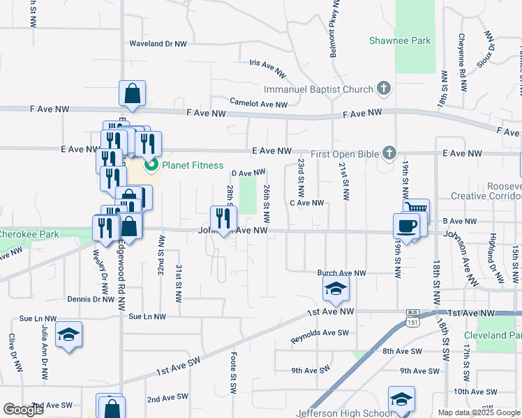 map of restaurants, bars, coffee shops, grocery stores, and more near 349 26th Street Northwest in Cedar Rapids