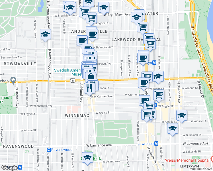 map of restaurants, bars, coffee shops, grocery stores, and more near 1433 West Foster Avenue in Chicago