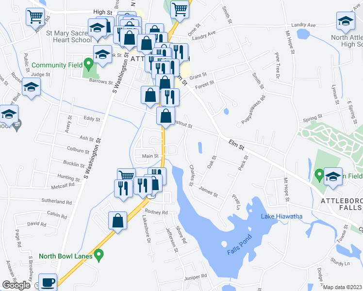 map of restaurants, bars, coffee shops, grocery stores, and more near 160 Charles Street in North Attleborough