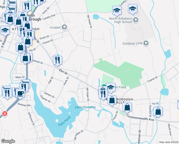 map of restaurants, bars, coffee shops, grocery stores, and more near 551 Mount Hope Street in North Attleborough