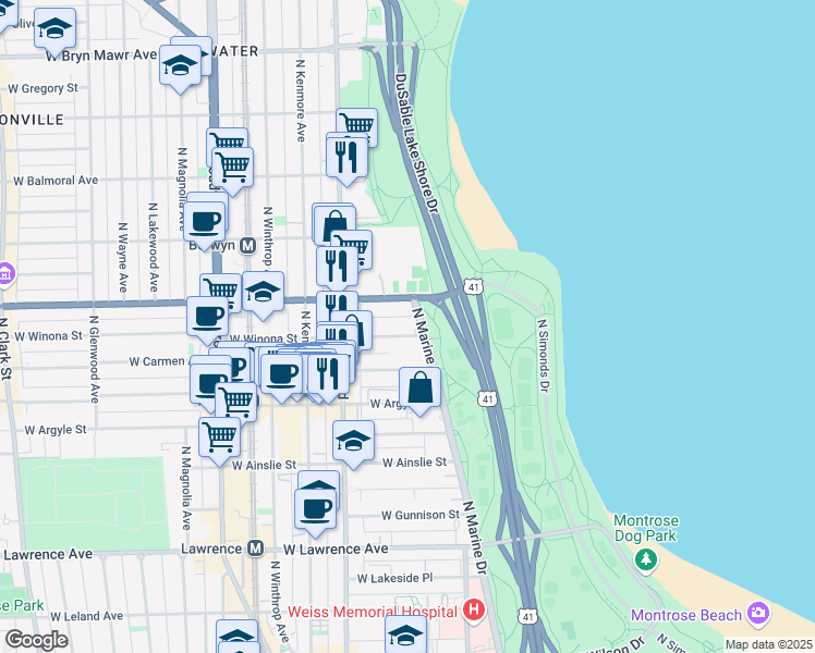 map of restaurants, bars, coffee shops, grocery stores, and more near in Chicago