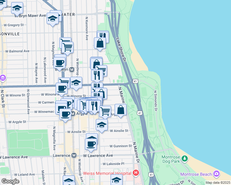 map of restaurants, bars, coffee shops, grocery stores, and more near in Chicago